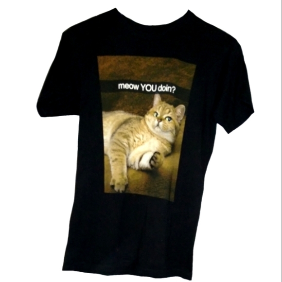 Cute Kitty Black T Shirt Meow You Doin? Fun Tee Cat Lady Top Funny Tshirt Humor - Picture 1 of 5